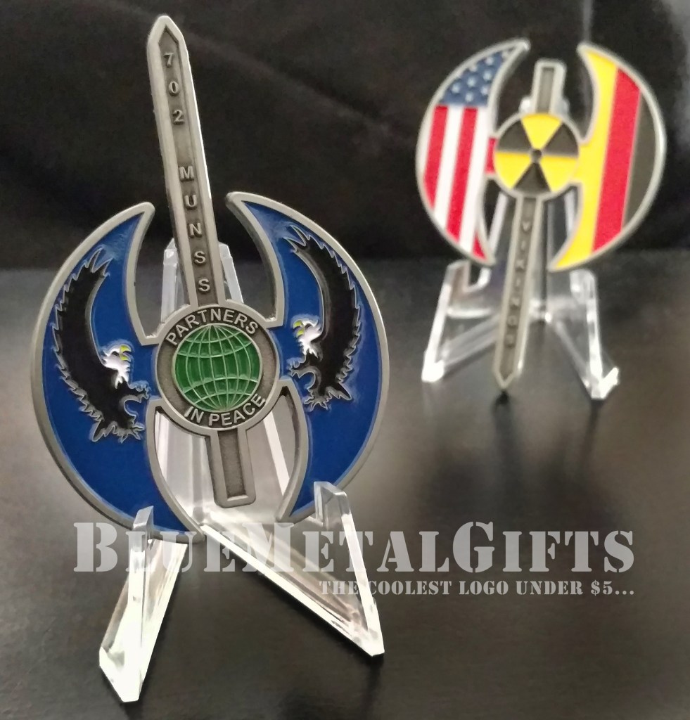 702 MUNSS Challenge coin 52 Partners in Peace Vikings battle axe battleax battle ax sword US Germany US Flag USA German flag bald eagles bald eagle globe radiation icon radioactive icon BlueMetalGifts.com www.bluemetalgifts.com