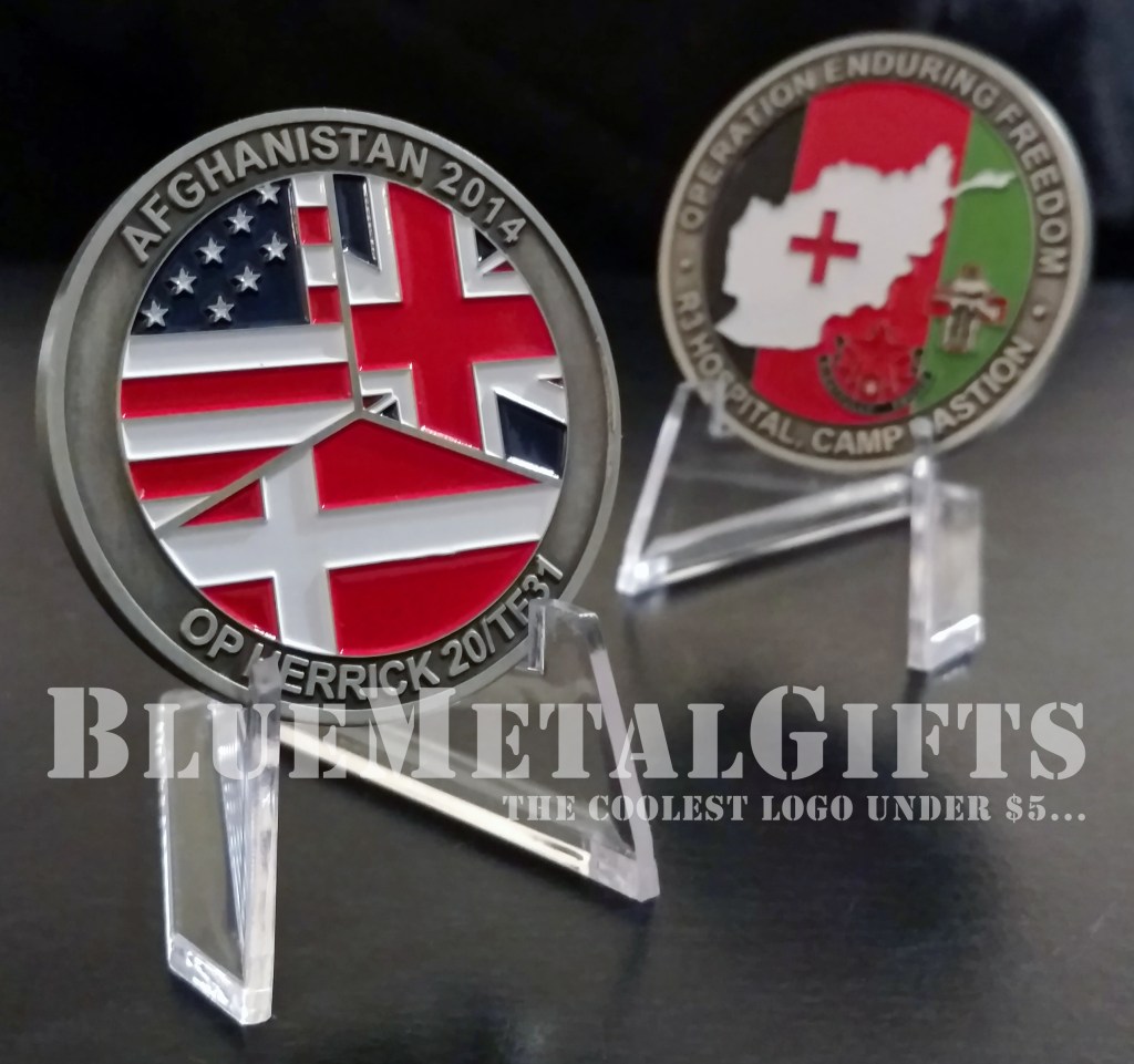 Afghanistan Challenge Coin US UK Denmark Combined Operation Enduring Freedom r Hospital, Camp Bastion 2014 OP Herrick 20/TF31 US flag UK flag Denmark flag rightfully proud BlueMetalGifts.com www.bluemetalgifts.com
