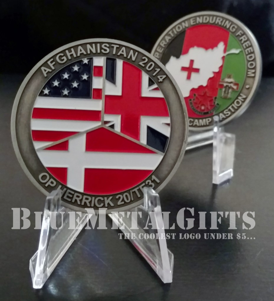 Afghanistan Challenge Coin US UK Denmark Combined Operation Enduring Freedom r Hospital, Camp Bastion 2014 OP Herrick 20/TF31 US flag UK flag Denmark flag rightfully proud BlueMetalGifts.com www.bluemetalgifts.com