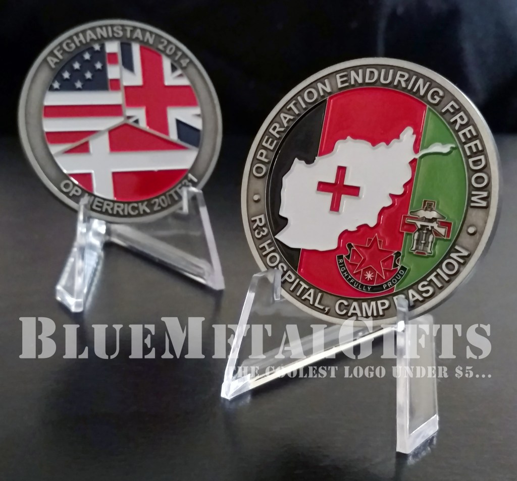 Afghanistan Challenge Coin US UK Denmark Combined Operation Enduring Freedom r Hospital, Camp Bastion 2014 OP Herrick 20/TF31 US flag UK flag Denmark flag rightfully proud BlueMetalGifts.com www.bluemetalgifts.com