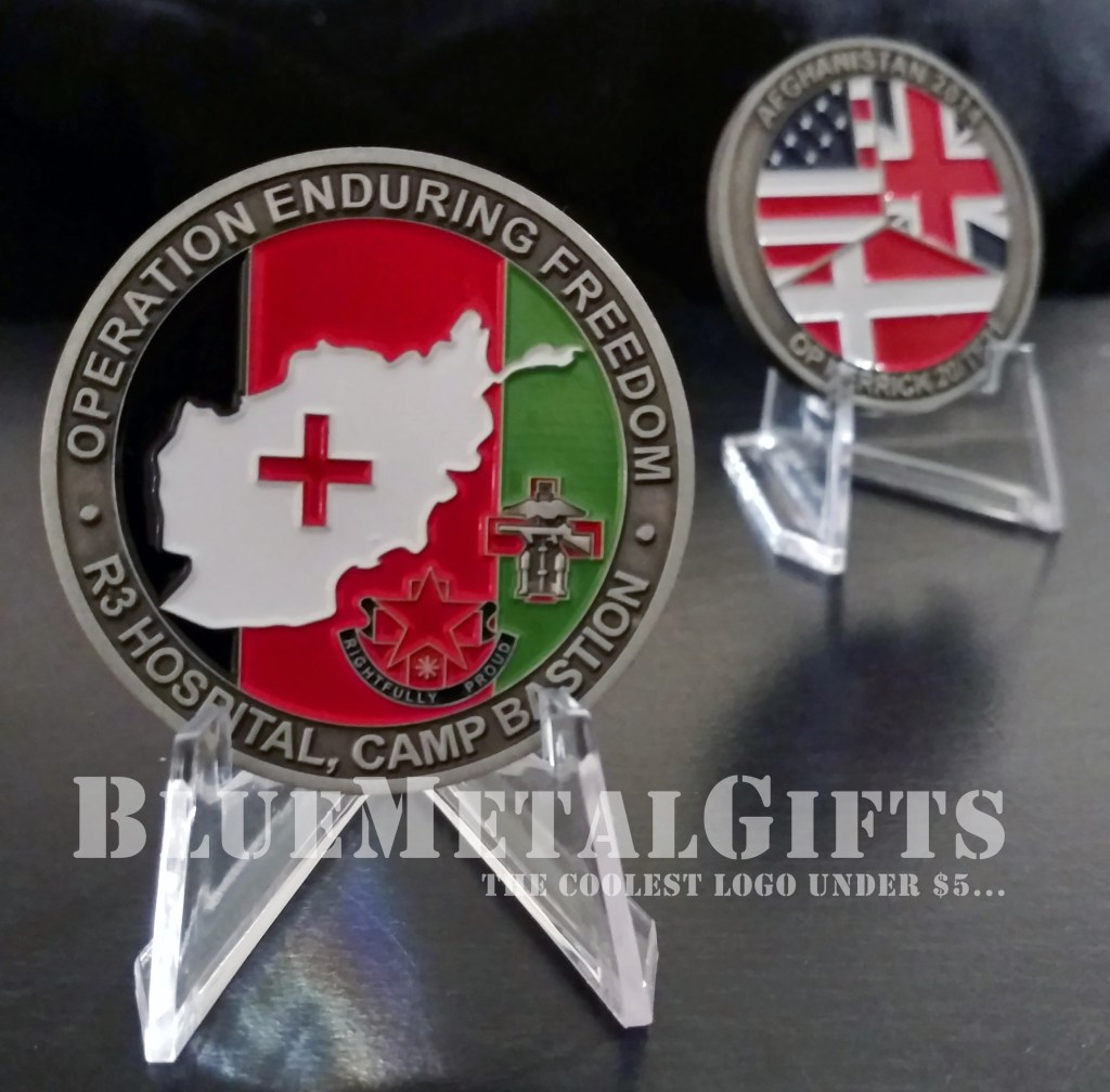Afghanistan Challenge Coin US UK Denmark Combined Operation Enduring Freedom r Hospital, Camp Bastion 2014 OP Herrick 20/TF31 US flag UK flag Denmark flag rightfully proud BlueMetalGifts.com www.bluemetalgifts.com